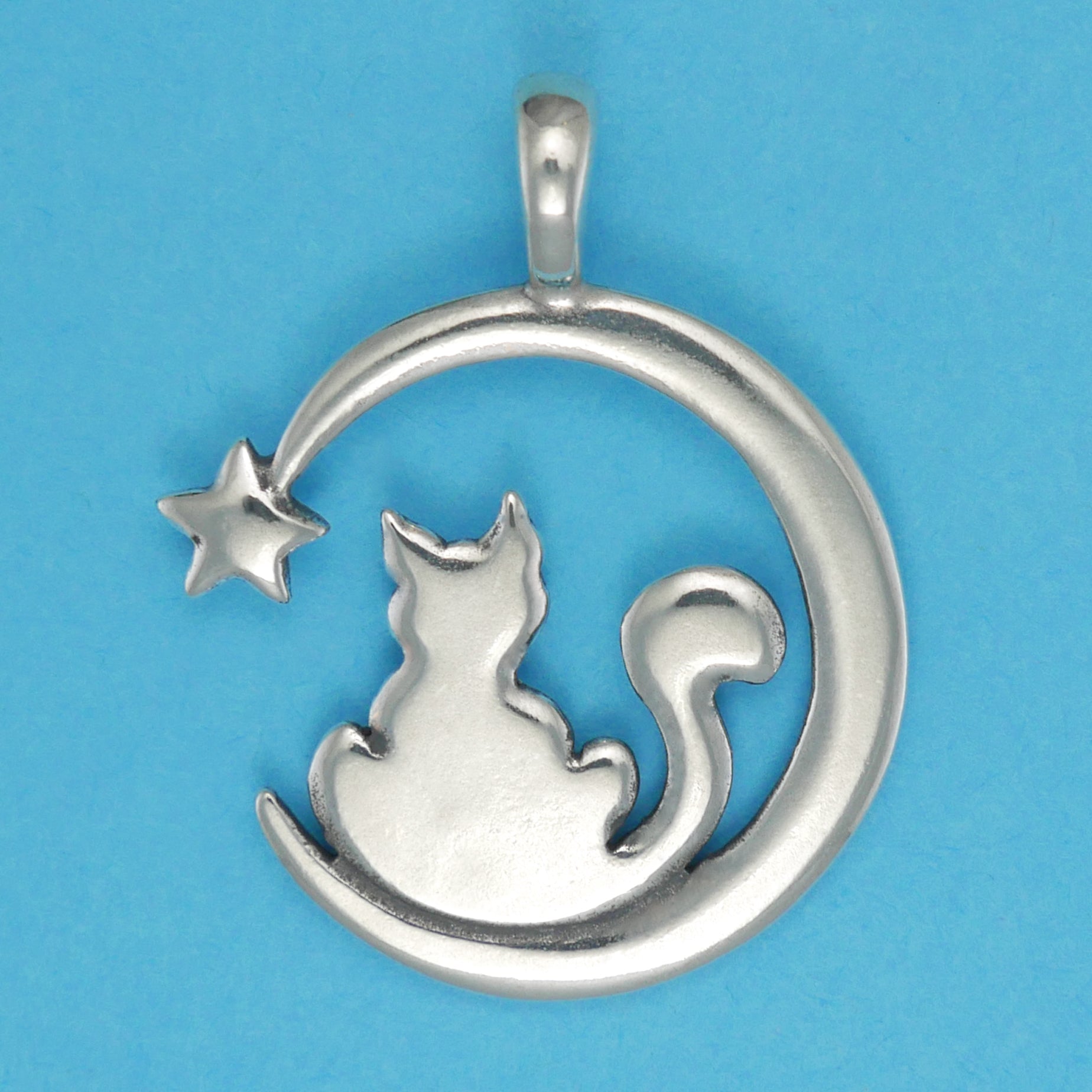 Cat on Moon Pendant .925 Sterling Silver Charm main image 1